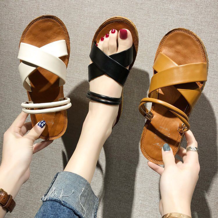 Dép Sandal nữ đế bằng quai chéo da mềm siêu xinh đi được 2 kiểu-SB14