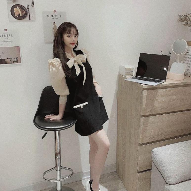 Đầm công sở đen tay tơ bèo vai nơ cổ | BigBuy360 - bigbuy360.vn