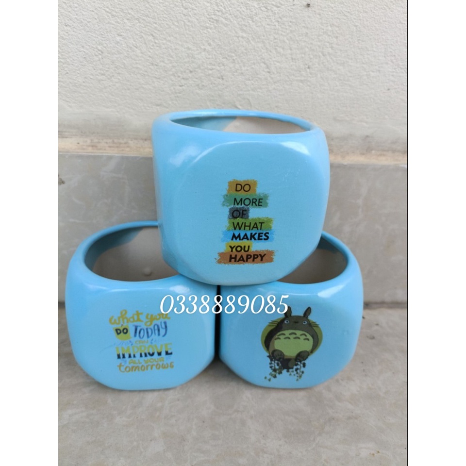 Chậu sứ bát tràng hộp vuông in hình cute trồng xương rồng, sen đá, derco siêu đẹp.