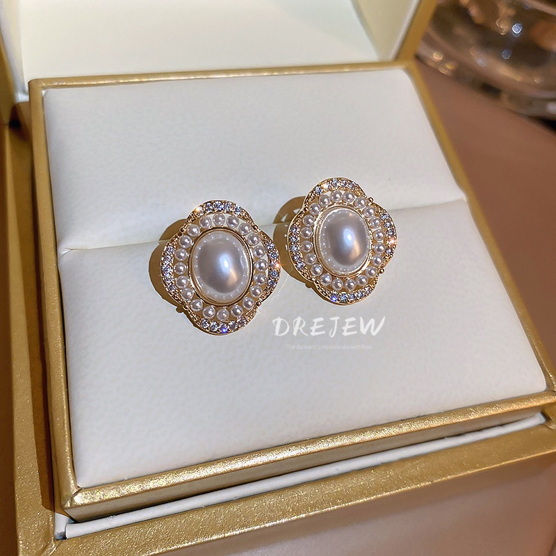 Khuyên tai DREJEW 2 mạ vàng/ bạc hình oval đính ngọc trai nhân tạo phong cách Pháp sang trọng thời trang