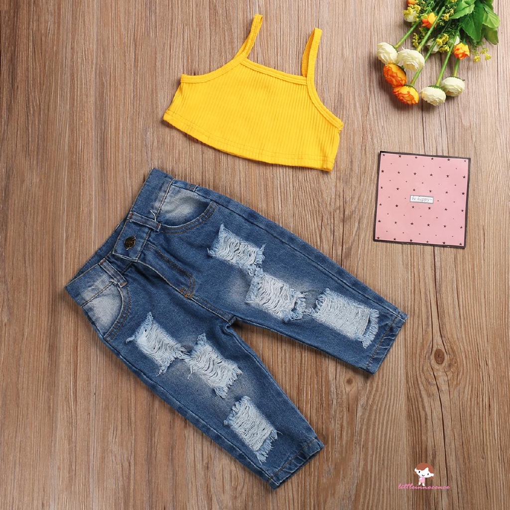 Set Áo Sát Nách Và Quần Jeans Rách Cho Bé Gái