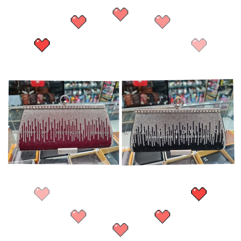 Bóp đầm clutch dạ hội dự tiệc sang trọng đeo chéo xách tay màu đen, đỏ kiểu nút bật tròn đính nhiều hột lấp lánh