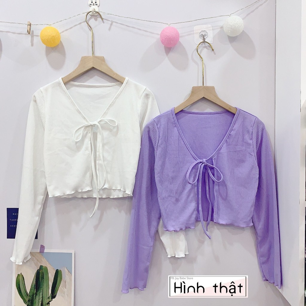Áo khoác nhẹ croptop tay dài JOY BABE 🖤🤍cột dây mong manh sexy, mix đồ nhiều kiểu thun gân trắng đen áo kiểu CROD 42 -2A | BigBuy360 - bigbuy360.vn