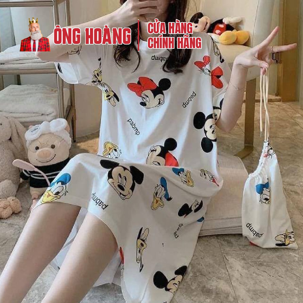 Váy ngủ cộc tay đầm ngủ dáng suông chất cotton mềm mát họa tiết chuột mickey dễ thương