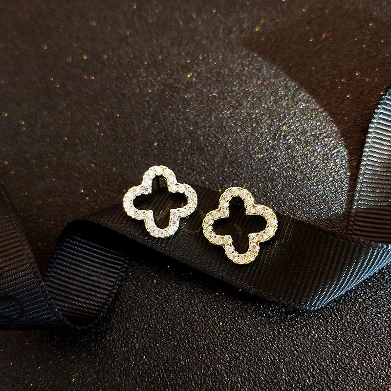 Khuyên tai JIUDUOLAN dạng kẹp/ xỏ kiểu cỏ bốn lá rỗng đính đá nhân tạo toàn diện thời trang Hàn Quốc thanh lịch cho nữ