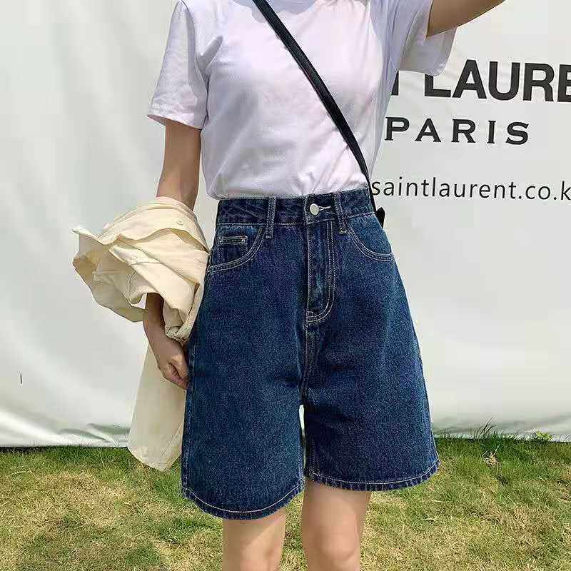 Quần Short denim Lưng Cao Ống Rộng Màu Xanh Dương Đậm Thời Trang Cho Nữ