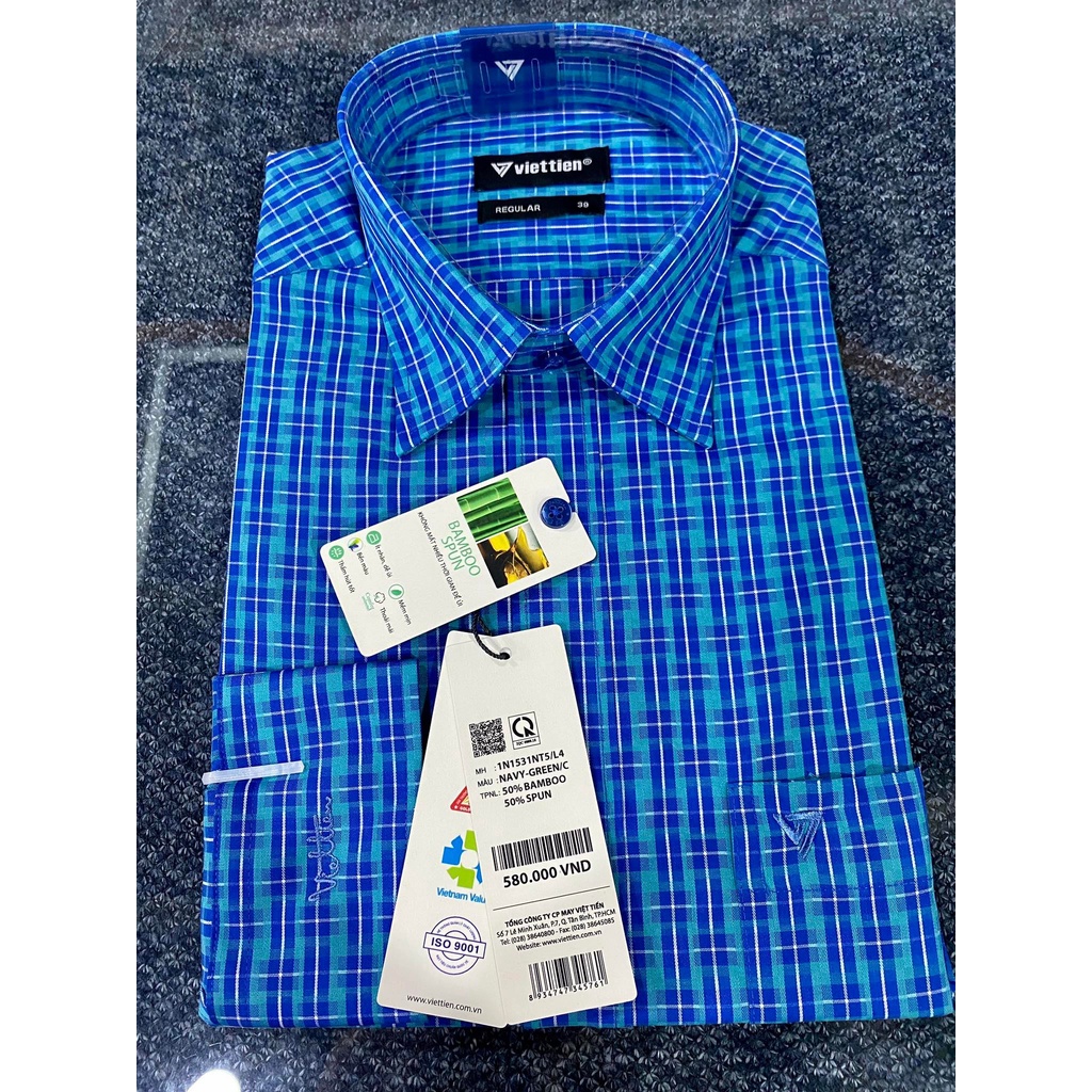 ÁO SƠ MI CHÍNH HÃNG ♥💕 FREESHIP💕♥ ÁO VIỆT TIẾN DÀI TAY LAI BẦU  mẫu sọc caro xanh