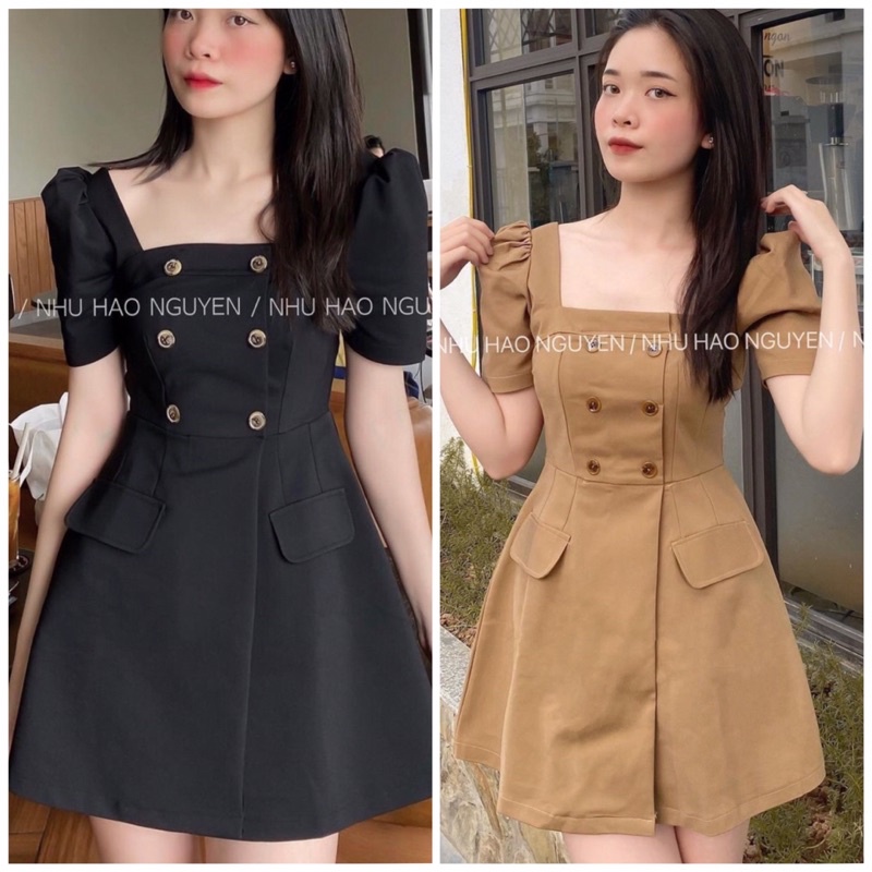 Váy cổ vuông tay bồng thiết kế đính khuy ngực vạt nắp túi giả dáng chữ A - Jum đính cúc nâu tây đen be