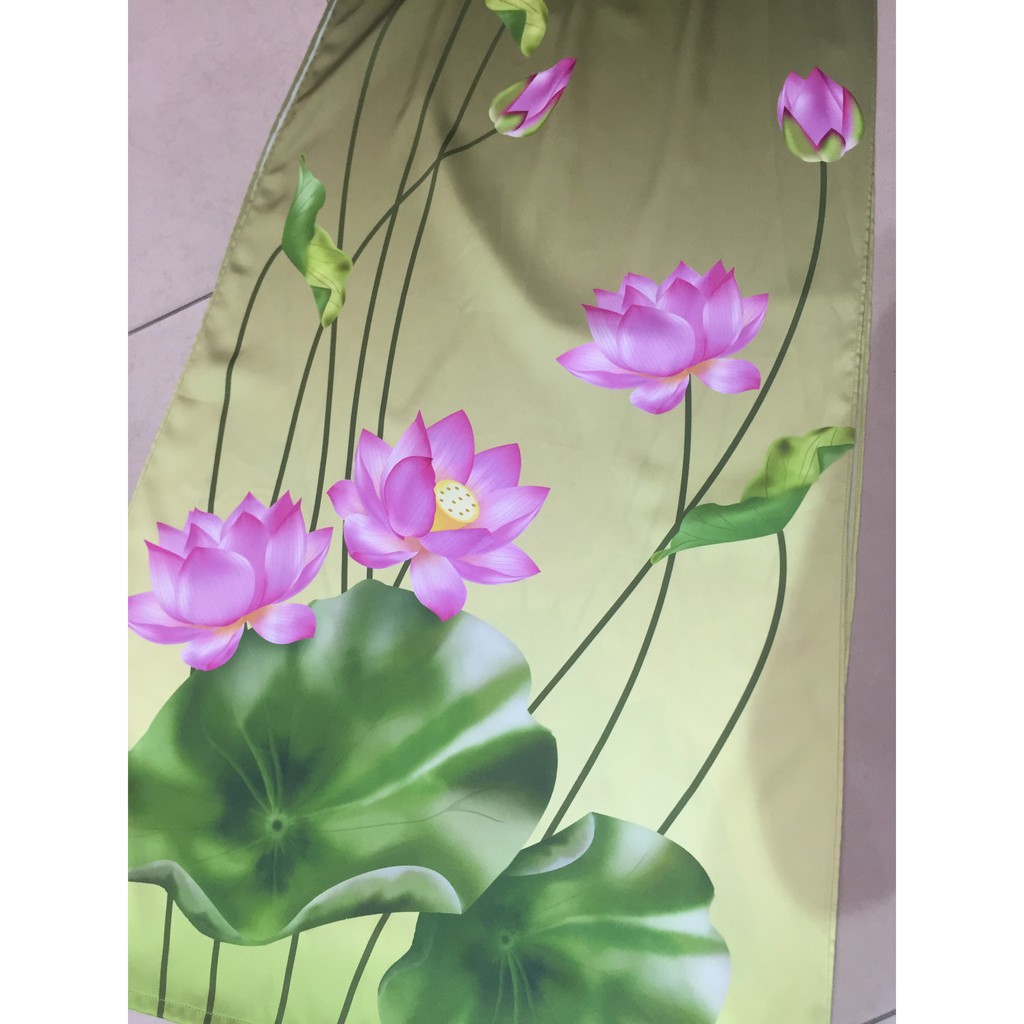 Áo dài xanh đen hoa sen in 3D cỡ L, cỡ XL áo dài bigsize kiểu cổ thuyền vải lụa co giãn
