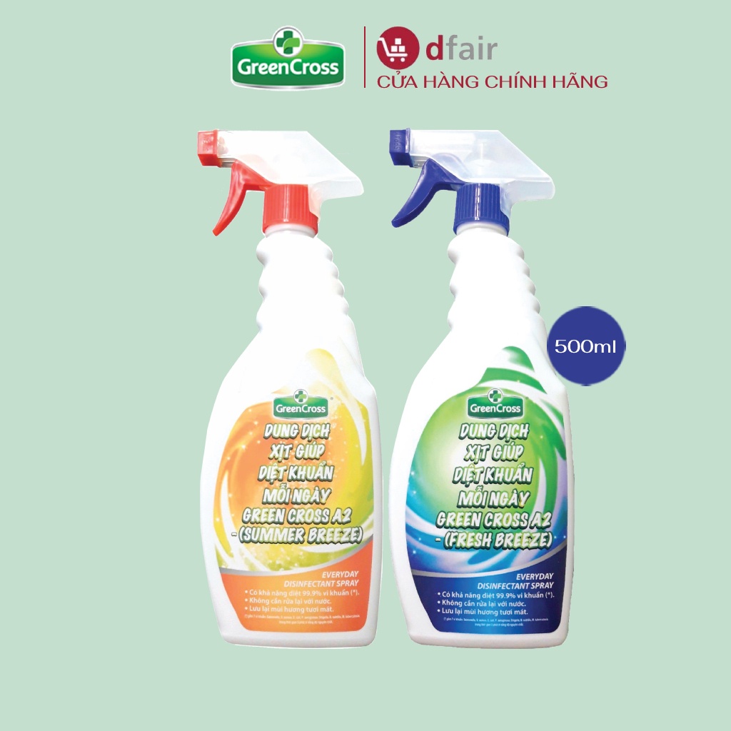 Combo 2 Xịt Khử Khuẩn Vật Dụng Green Cross A2 Hương Fresh Breeze &amp; Summer Breeze 500ML/Chai