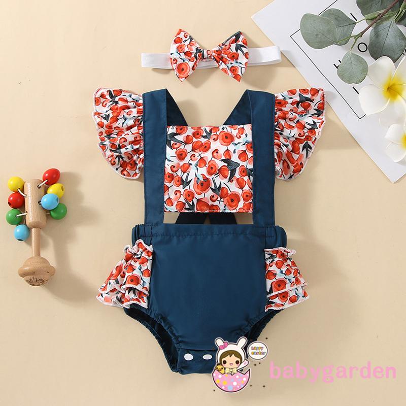 BABYGARDEN-0-12months Baby Girls Romper with Headband,Backless Flying Sleeve Animal Flower Printed Back Cross Straps