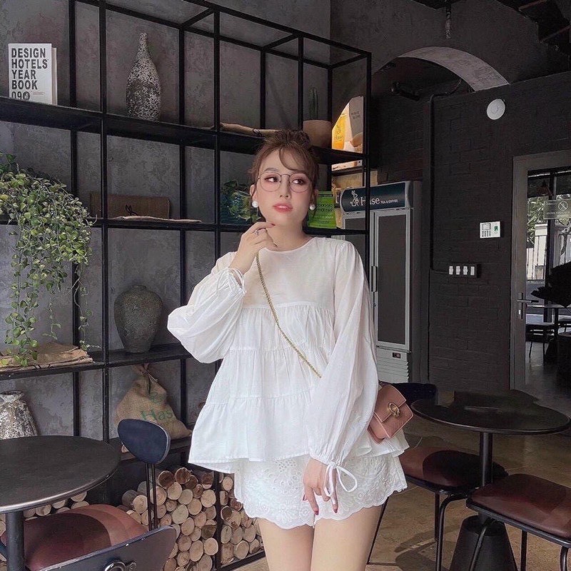 Áo babydoll dáng xòe tiểu thư áo kiểu dáng xòe cài cúc sau tay dài siêu xinh AN01
