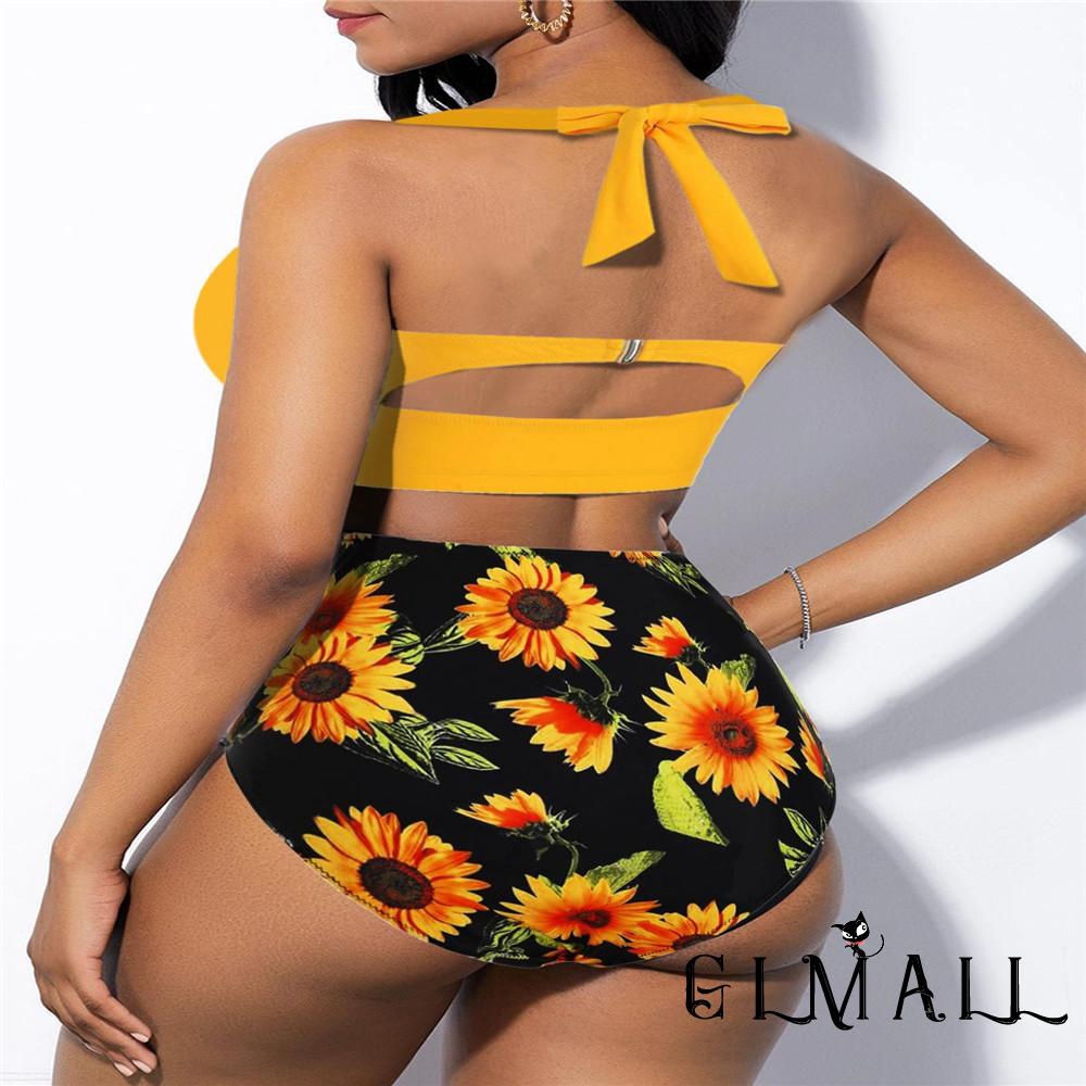 ➤GMLWomen´s Sexy Bikini Set Solid Color Padded Wire Halter Back Buckle Hollow High Waist Flower Print Swimming Bathing Suit | BigBuy360 - bigbuy360.vn
