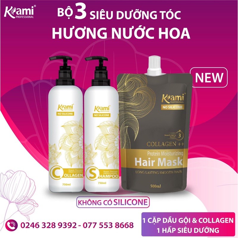 Bộ 3 Siêu Dưỡng Tóc Kami Hương Nước Hoa - Gội(K chứa silicon) - Collagen(K chứa silicon) - Hấp phục hồi Collagen