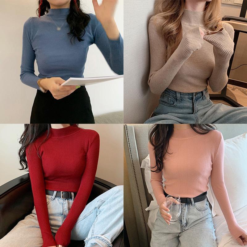 Áo Sweater Dệt Kim Cổ Lọ Tay Dài Màu Trơn Thiết Kế Thanh Lịch