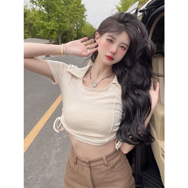 Áo croptop dệt kim QKOOLE tay ngắn dáng ôm phong cách Hàn Quốc cổ điển thời trang cho nữ