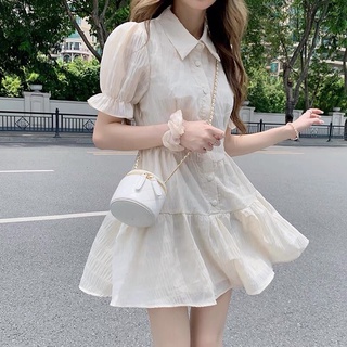 Váy tiểu thư dáng ngắn tay phồng chun cổ sơ mi Aimee closet