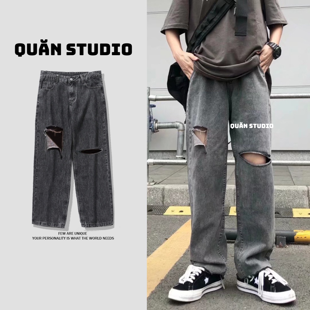 Quần Baggy Nam Rách Gối Quăn Studio - Quần Jean Nam Màu Xám Rách Gối Form Chuẩn Hàn Quốc QRG05