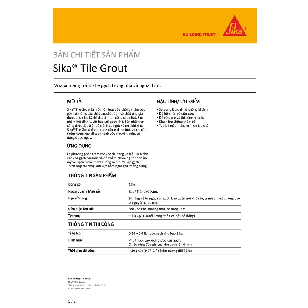 Sika - Keo chà ron chống thấm, sử dụng trong nhà và ngoài trời Sika TileGrout  SIKA THẾ VŨ