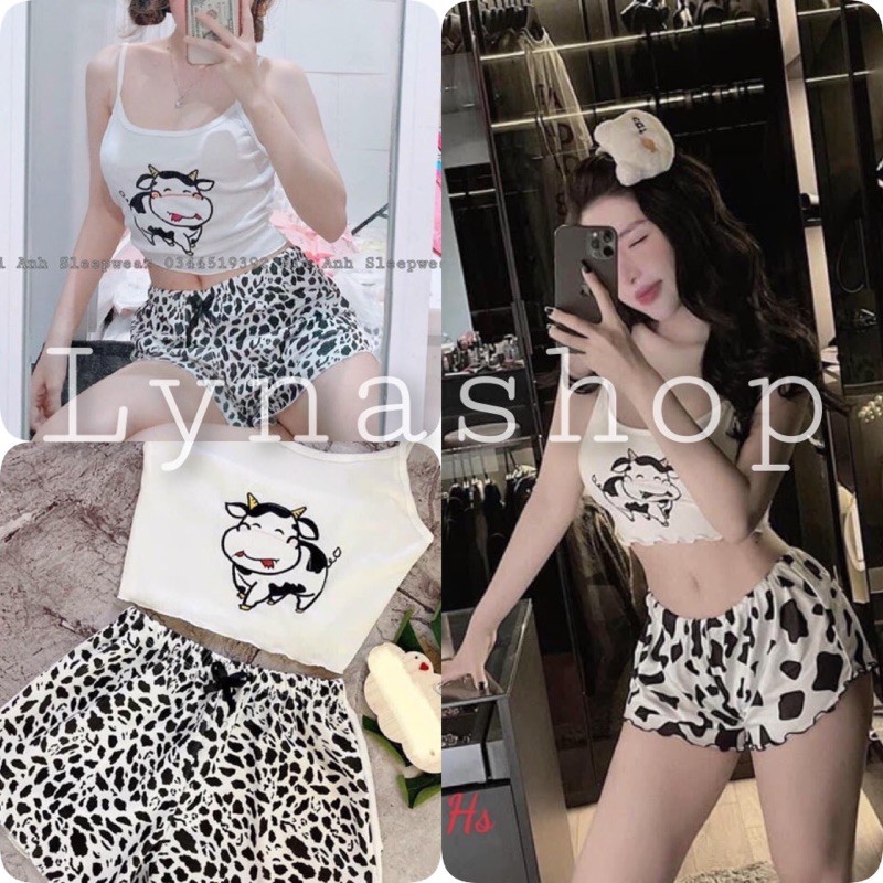 Bộ Áo Croptop Bò Sữa Quần Đùi 🦋 Set Áo 2 Dây Quần Cộc Nhiều Hình 🦋