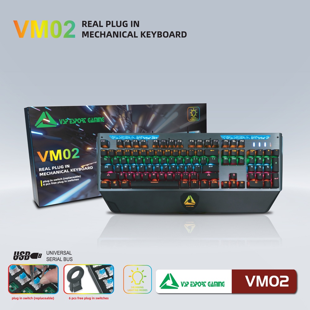 Bàn phím Cơ Gaming VSP Esport VM02 - 9 chế độ Led, Anti Ghost 26 phím (Đen) - Phụ Kiện 1986