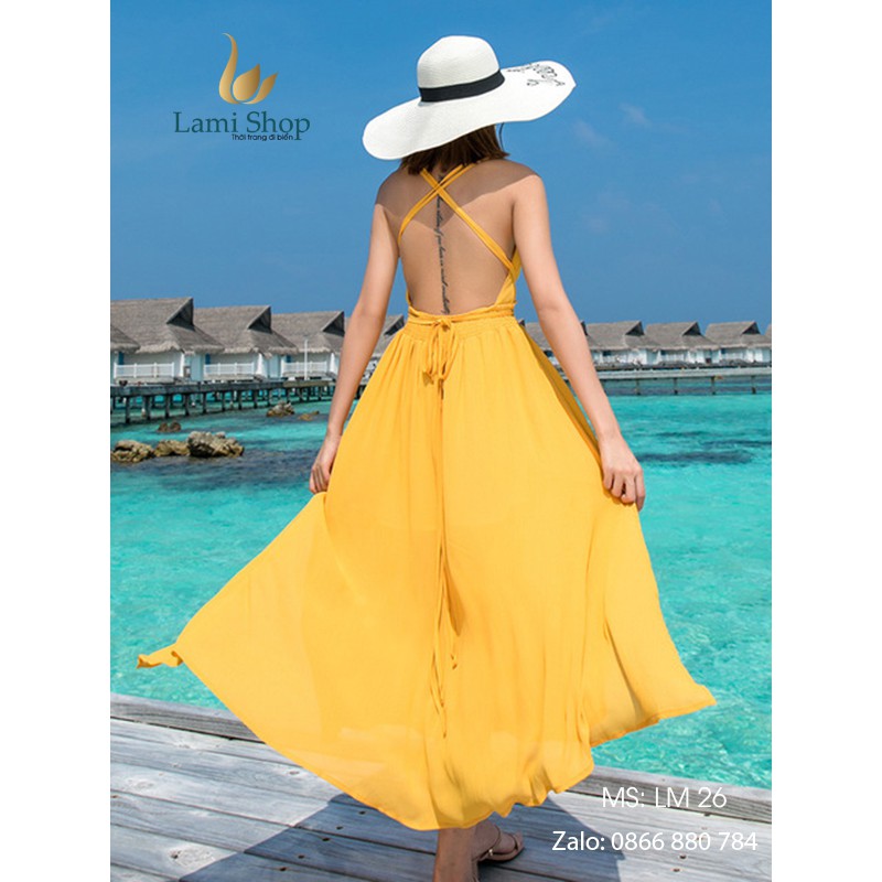 Váy đi biển hở lưng màu vàng - Lami Shop
