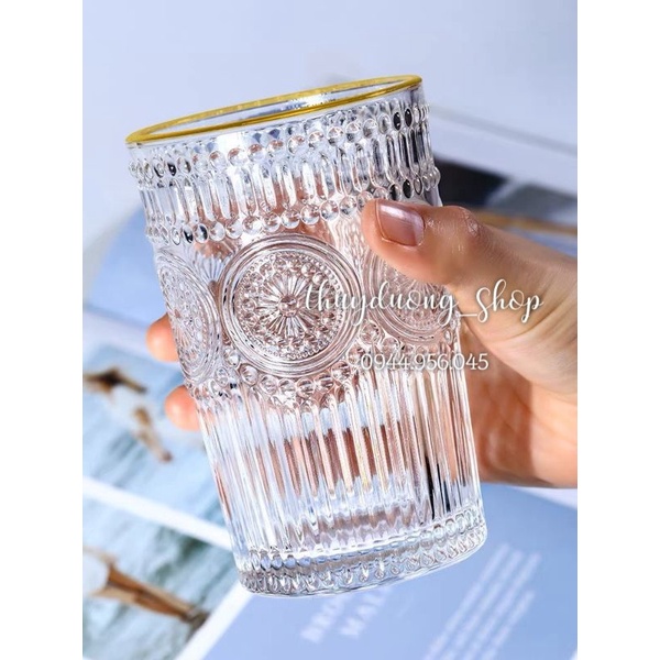 Cốc thủy tinh khắc laster viền vàng cao cấp (1 cái )
