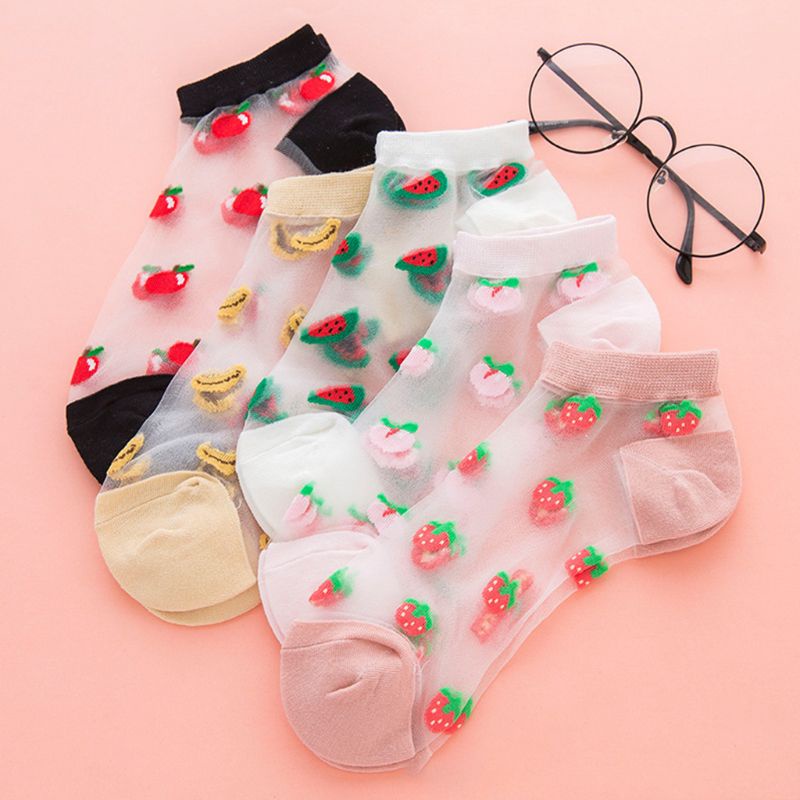 Youyo Set 5 Đôi Vớ Thuyền Xuyên Thấu Sợi Pha Lê Siêu Mỏng Họa Tiết Trái Cây Dưa Hấu Dễ Thương Mù