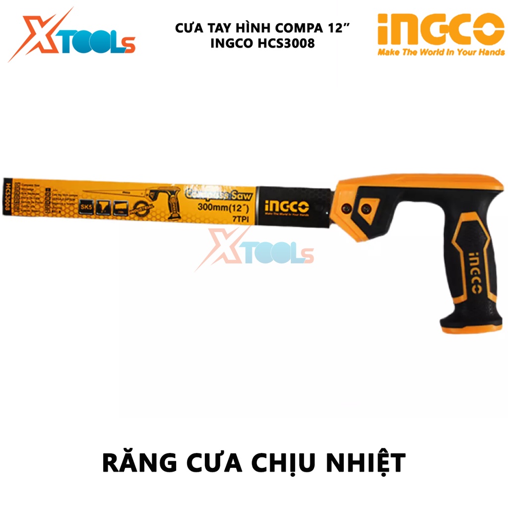 Cưa tay hình compa INGCO HCS3008 | cưa tay Size 12&quot;/300mm Chất liệu Taiwan SK5 7 răng cưa/1 inch cắt vật liệu như gỗ, ki