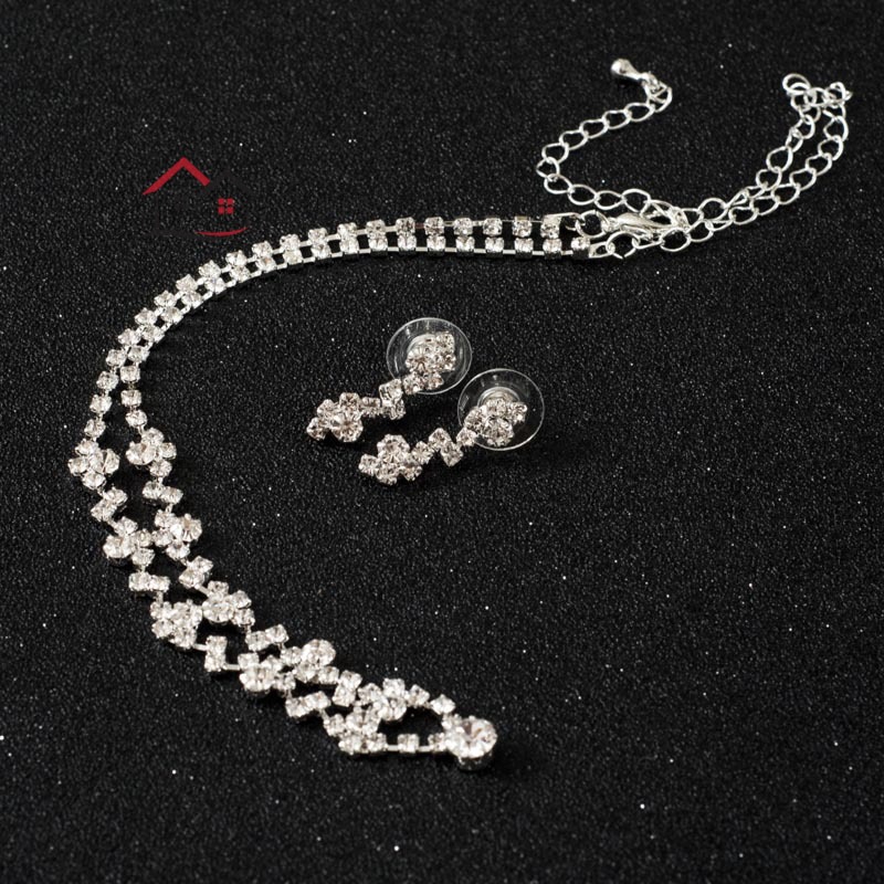 Set vòng cổ khuyên tai bằng kim loại đính kim cương giả thời trang dành cho cô dâu ngày cưới