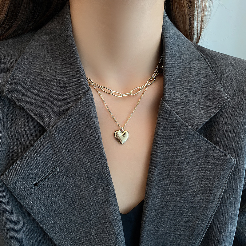 Dây chuyền thiết kế 2 lớp họa tiết trái tim / trái đào kiểu vintage bằng kim loại cho nữ