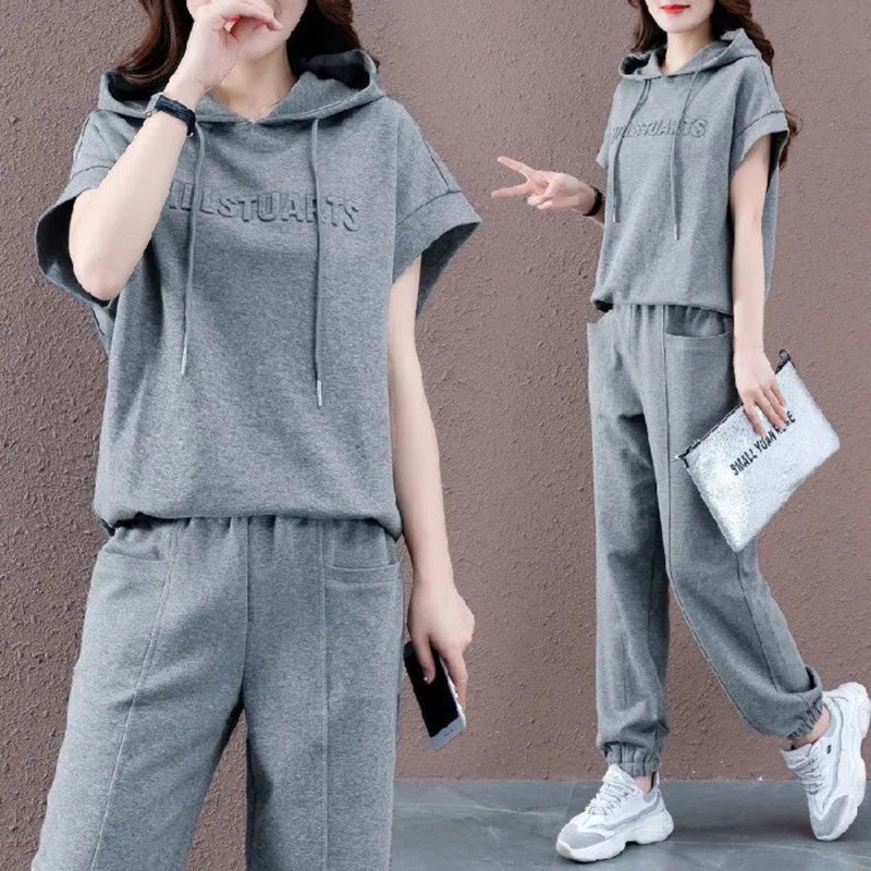 Set Đồ Thể Thao Gồm Áo Hoodie Tay Ngắn + Quần Dài Dáng Rộng Phong Cách Thời Trang Mùa Hè Cho Nữ