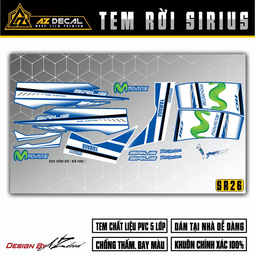 Tem Chế Xe Sirius RC Mẫu Movistar | SR26 | Decal Rời Chống Nước - Áp Dụng Màu Xe Đen Trắng Đỏ Xanh Xám