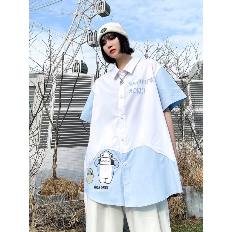 Áo sơ mi hình chú gấu xanh oversize phong cách dễ thương