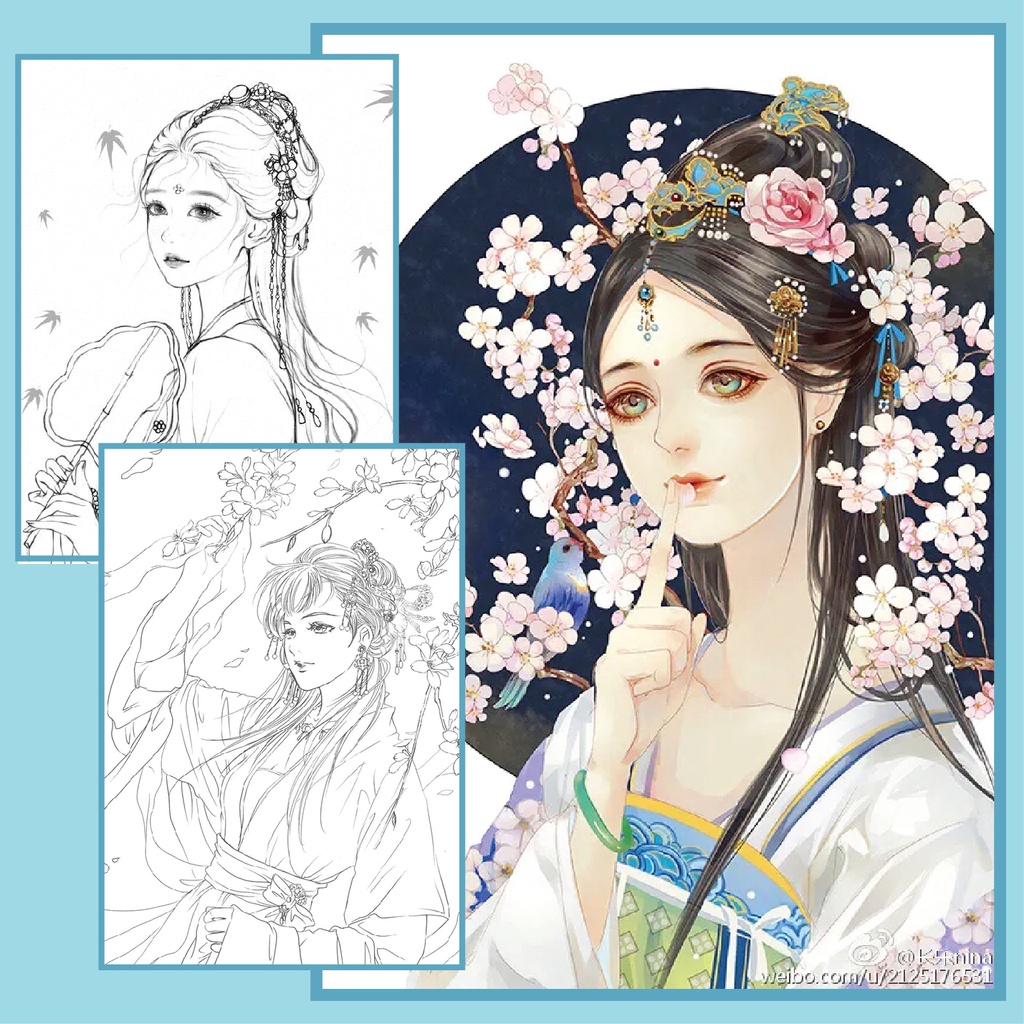 Tranh tô màu nước lineart anime chân dung trung quốc bộ 10 tranh giấy dầy đẹp