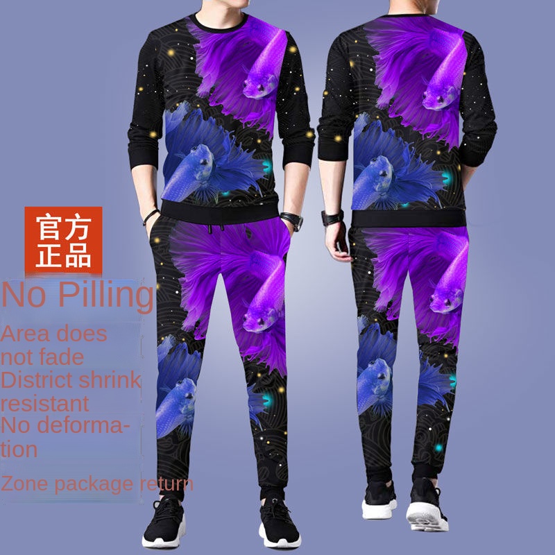 Set đồ thể thao dài tay dáng rộng in họa tiết phong cách Hàn Quốc cho nam