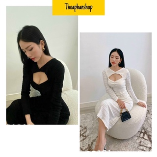 Đầm body cut out ngực tay dài hai màu