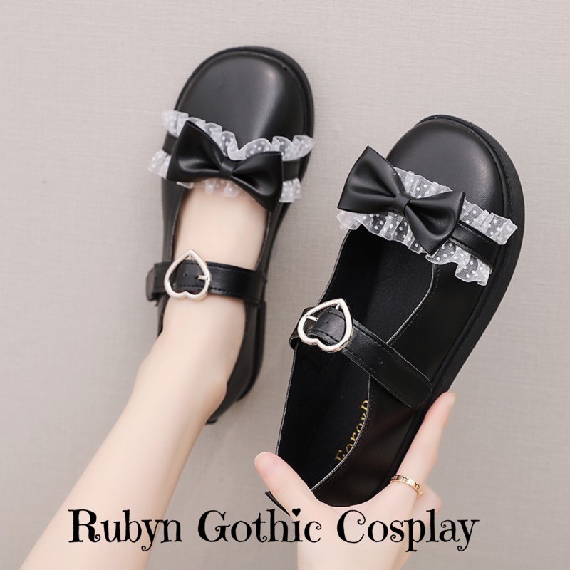 [CÓ SẴN]  Giày Búp Bê Lolita Mary Janes phối Nơ Ren quai dán khoá trái tim ( Size 35 - 39 )