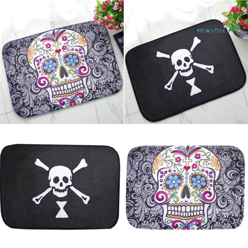 Thảm Chùi Chân Chống Trượt Họa Tiết Đầu Lâu Và Hoa Độc Đáo Kích Thước 40X60Cm