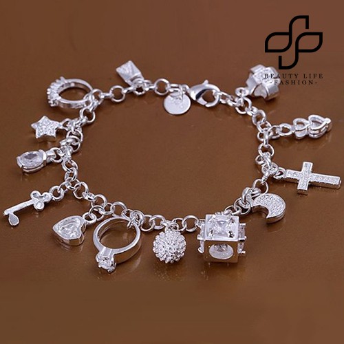 【NEW】Women Fashion Gift Silver Plated Zircon Pendants Chain Bracelet Bangle Jewelry