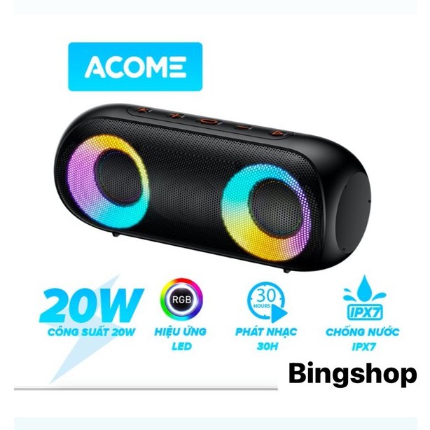 Loa Bluetooth ACOME A20 Công Suất 20W Hiệu Ứng LED RGB Chống Nước IPX7 30H Sử Dụng Liên Tục - Hàng Chính Hãng