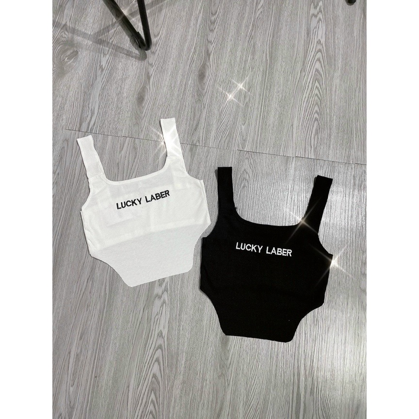áo 2 dây bản thêu chữ lucky xinh vát tà kiểu li