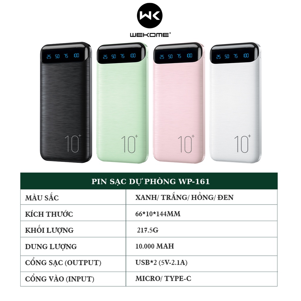 Sạc dự phòng 10000mah WEKOME WP161,  pin tích điện thiết kế nhỏ gọn cầm tay đèn lead hiển thị phần trăm pin kèm cáp sạc