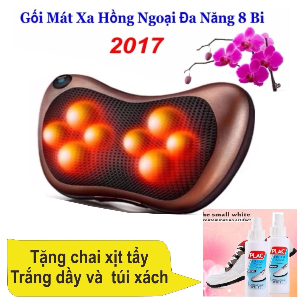 Gối masage 8 Bi Hồng Ngoại Công Nghệ Nhật Bản + tặng đầu cắm xạc trên ô tô+ chai xịt trắng giày