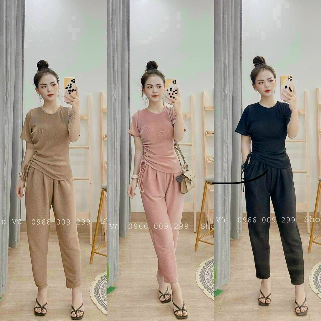 Sét bộ áo cộc quần dài áo 1 bên rút eo xinh xắn thanh lịch 3 màu nure đen và hồng nhạt