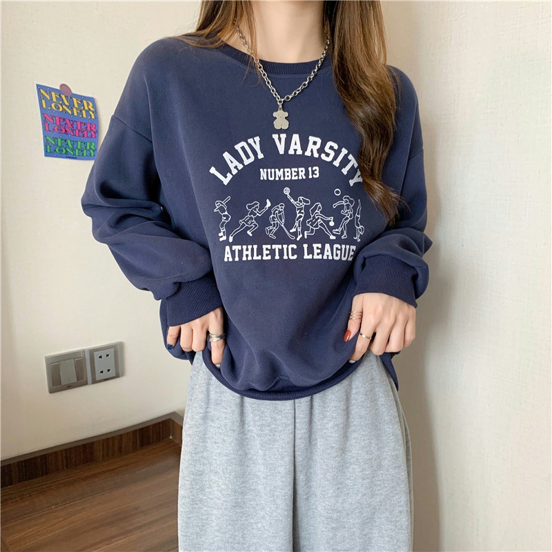 SUXI Áo Sweater Mỏng Cổ Tròn Tay Dài Dáng Rộng In Chữ Thời Trang Cho Nữ