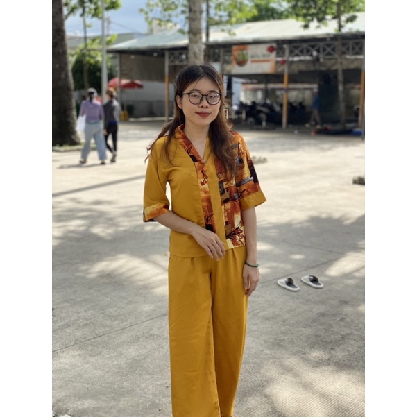 Đồ lam đi chùa nữ mẫu bà lai lụa phối hoạ tiết tay lỡ, vải tuyết nhung cao cấp, form suông, hàng big size