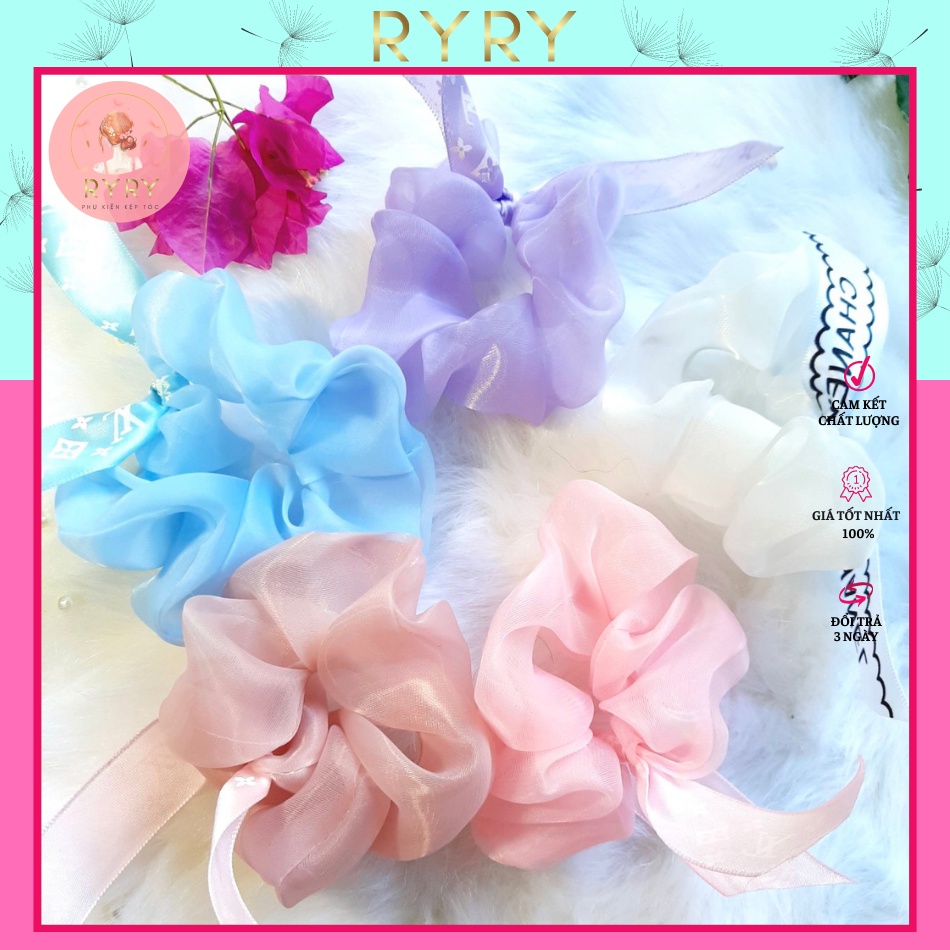 Dây cột tóc vải scrunchies đính nơ xinh xắn