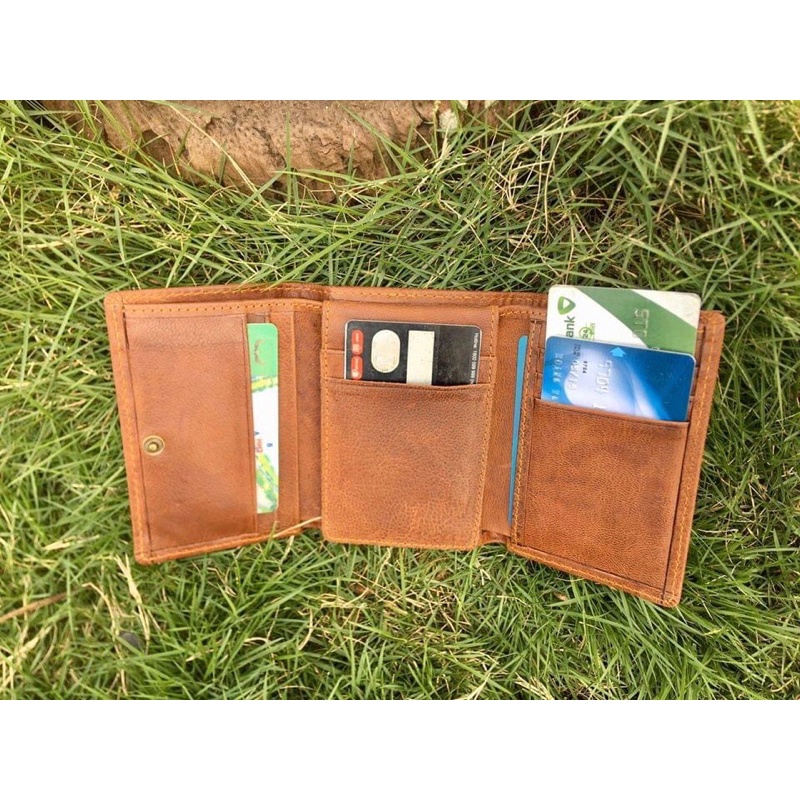 Ví Nam Da Bò Ví Gập 3 Có Ngăn Kéo Khóa Khâu Viền Bo Góc Bên