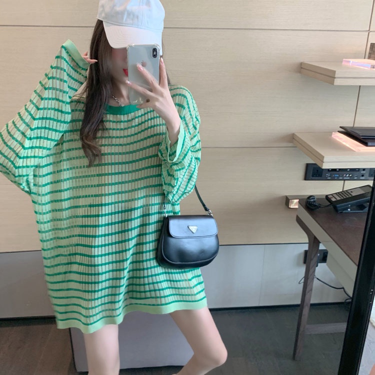 621911#Áo Thun Dệt Kim Tay Dài Dáng Ôm Họa Tiết Kẻ Sọc Thời Trang Chống Nắng Cho Nữ